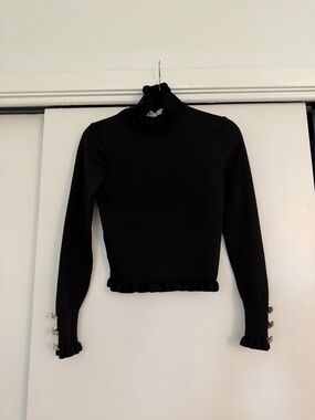 Zara Black Ruffle Mock Neck Long Sleeve Top with Button Cuff Detail